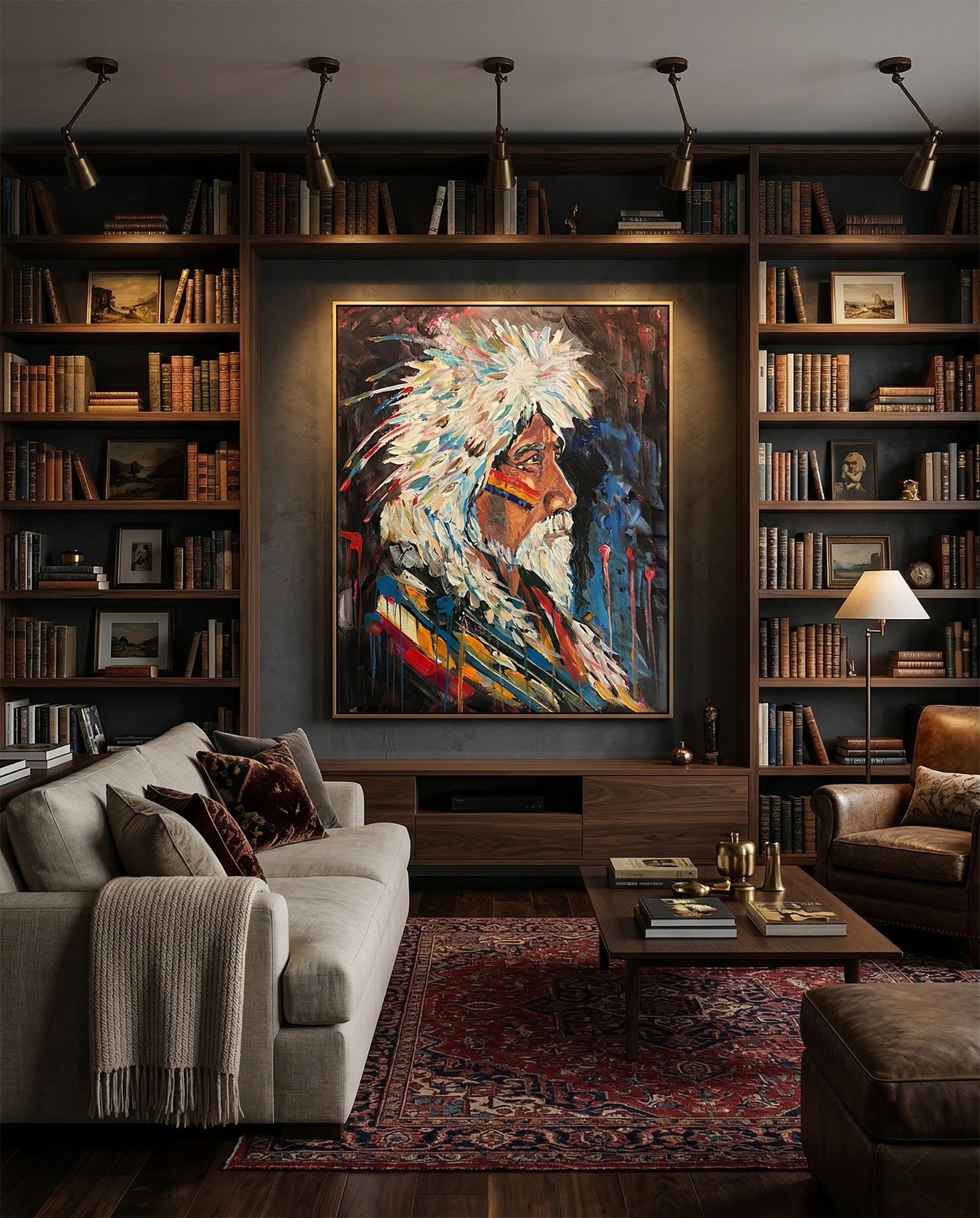 Rich library interior with art by Monique Paré